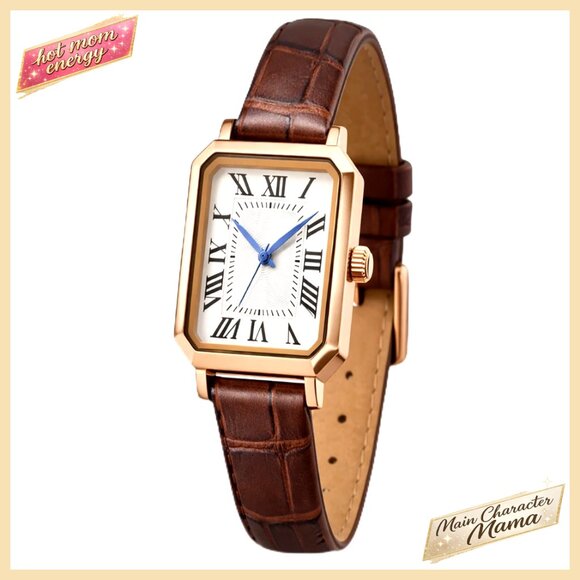 Vintage Square Analog Quartz Watch with Leather Strap for Women